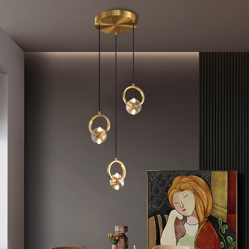 1/3-Light Round Copper Pendant Light - Crystal LED Design