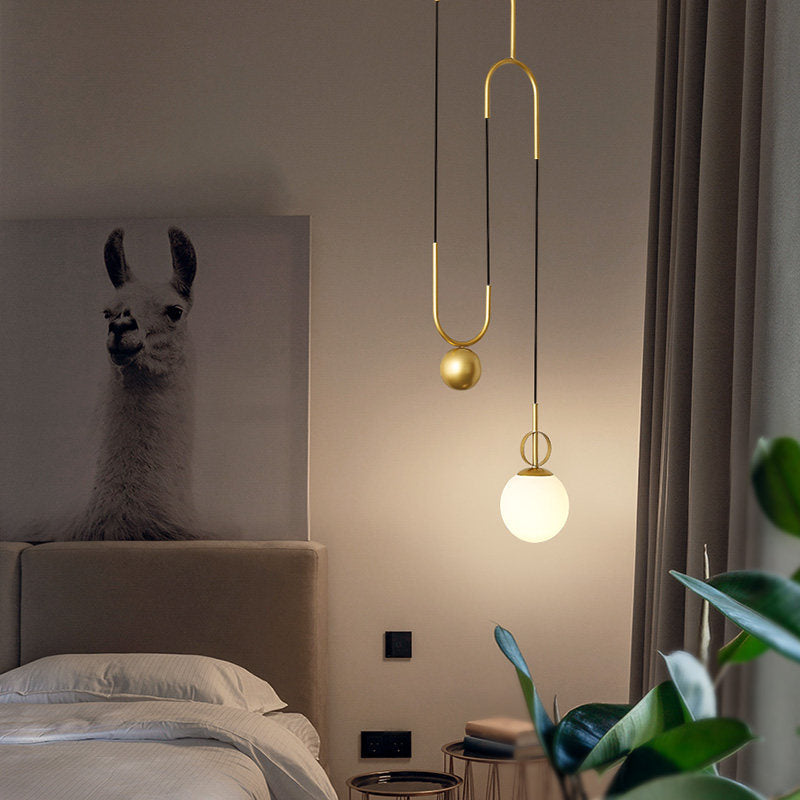 1-Light Gold Hanging Pendant Light - Opal Glass Globe Design