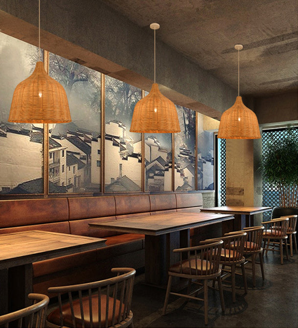 Rustic Bell-Shaped Rattan Pendant Light