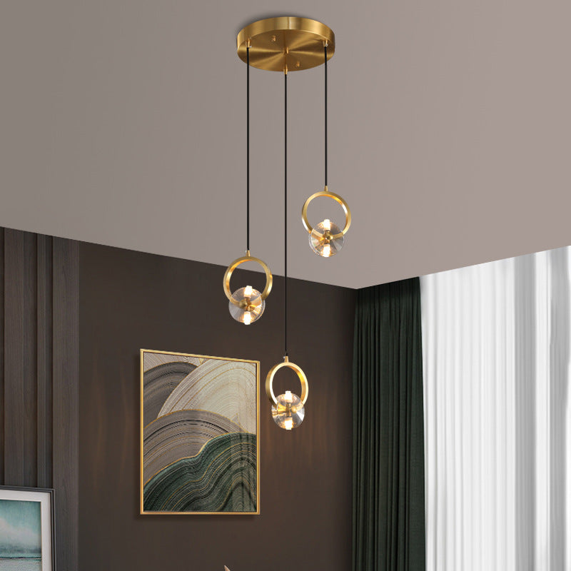 1/3-Light Round Copper Pendant Light - Crystal LED Design