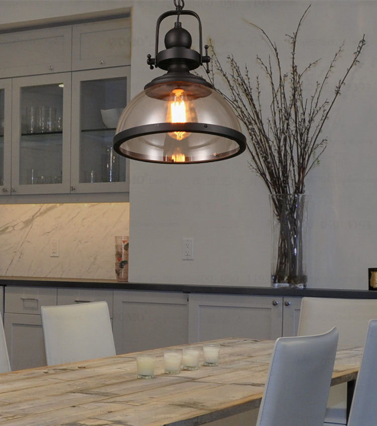 Retro Industrial Pendant Light - Wrought Iron & Antique Glass Hanging Lamp for Farmhouse Dining Room