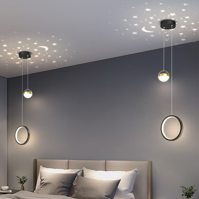 Round & Oval Rings Starry Projection Pendant Light , 3-Step Dimming Modern LED for Bedroom