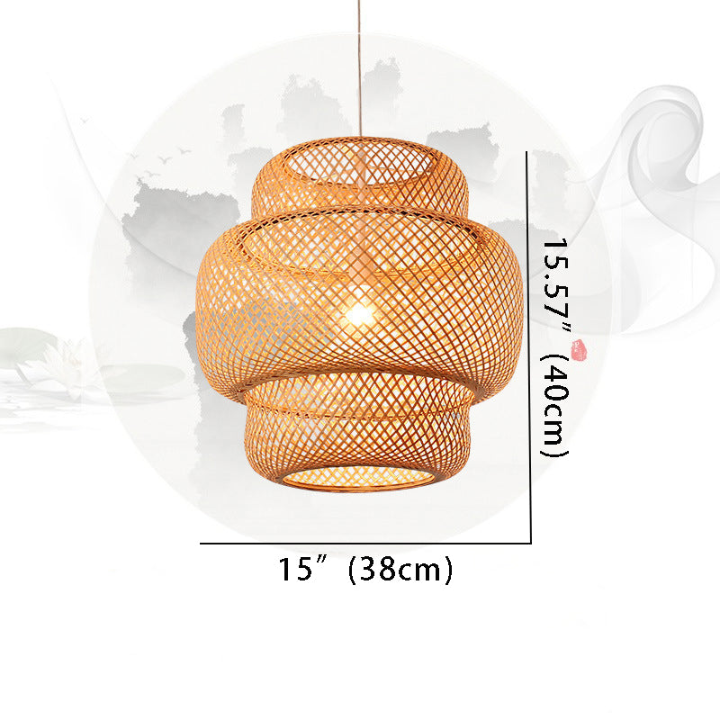 Rustic 3-Tiered Bamboo Woven Pendant – Single Cylinder Living Room Light