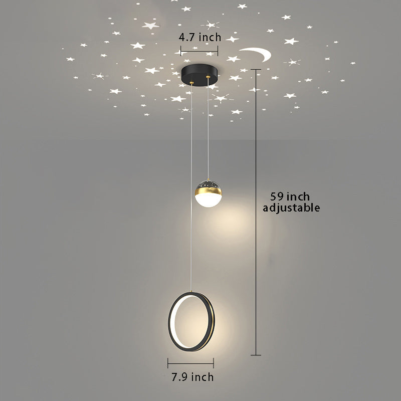Round & Oval Rings Starry Projection Pendant Light , 3-Step Dimming Modern LED for Bedroom
