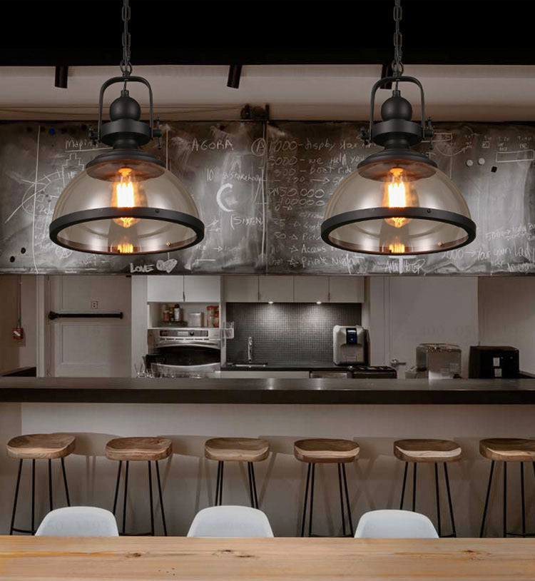 Retro Industrial Pendant Light - Wrought Iron & Antique Glass Hanging Lamp for Farmhouse Dining Room