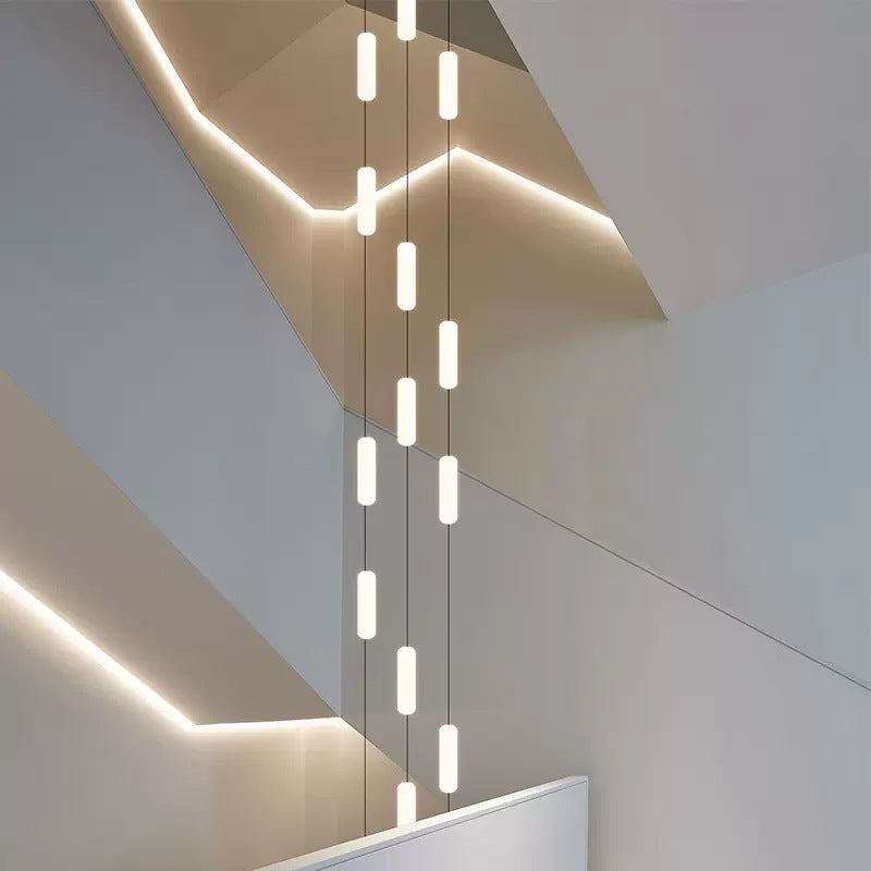 White Long Tube Multi-Light Staircase Chandelier – Sleek Linear Design for Stairwell Illumination
