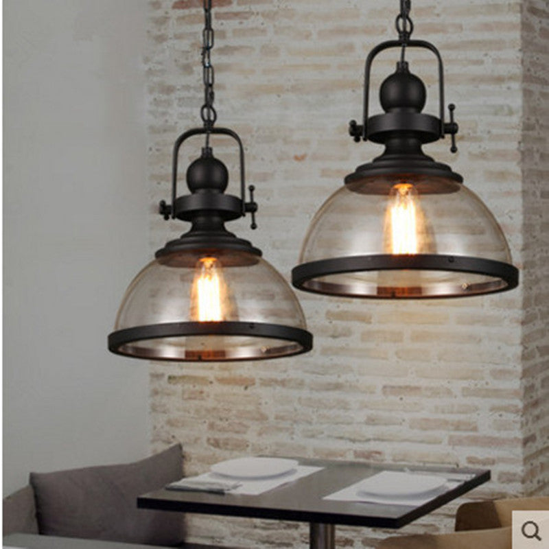 Retro Industrial Pendant Light - Wrought Iron & Antique Glass Hanging Lamp for Farmhouse Dining Room