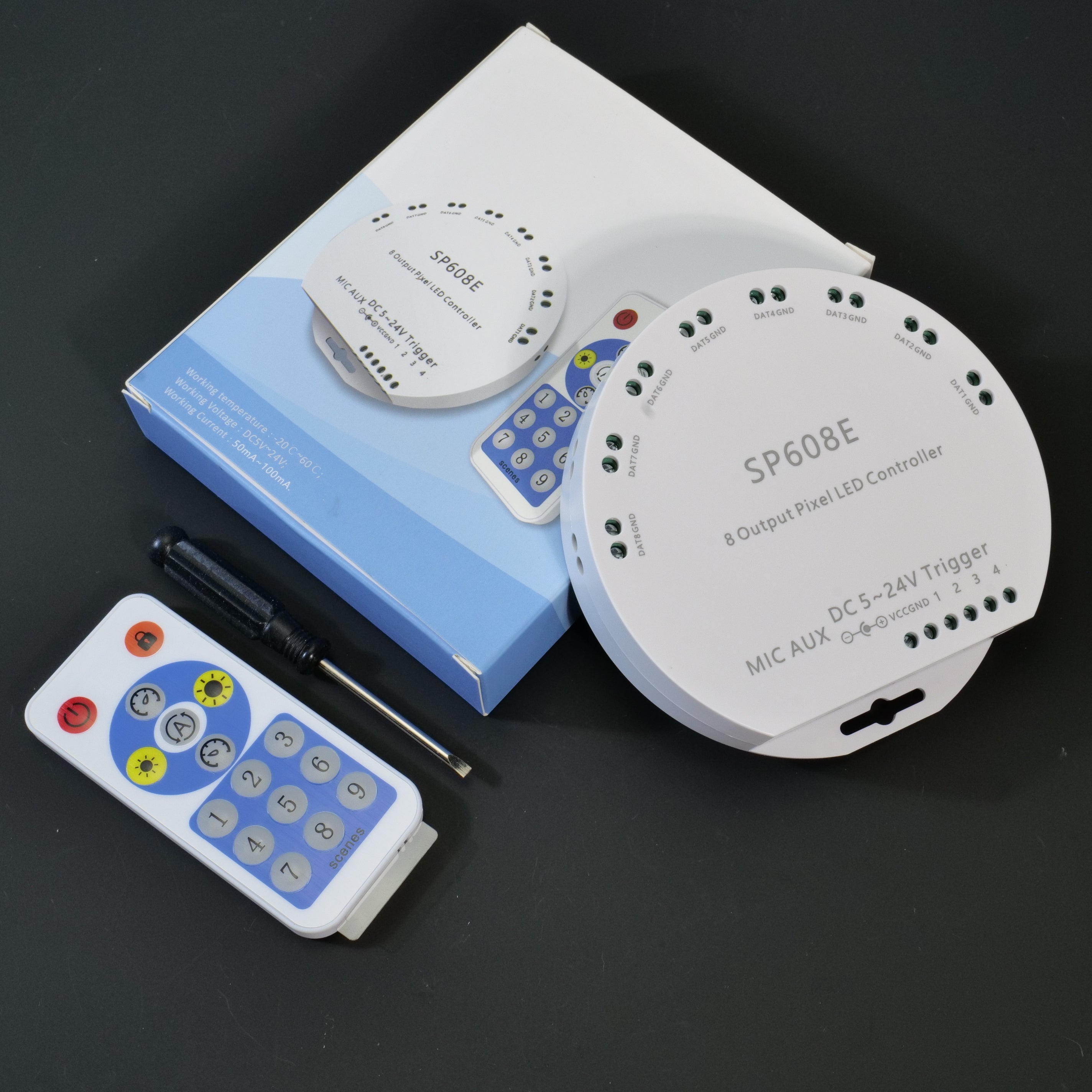 SP608E 8CH Signal Output Music LED Controller - Bluetooth App (IOS/Android), Built-In Mic, DC5V-24V for WS2812B/WS2811/WS2815 Strips